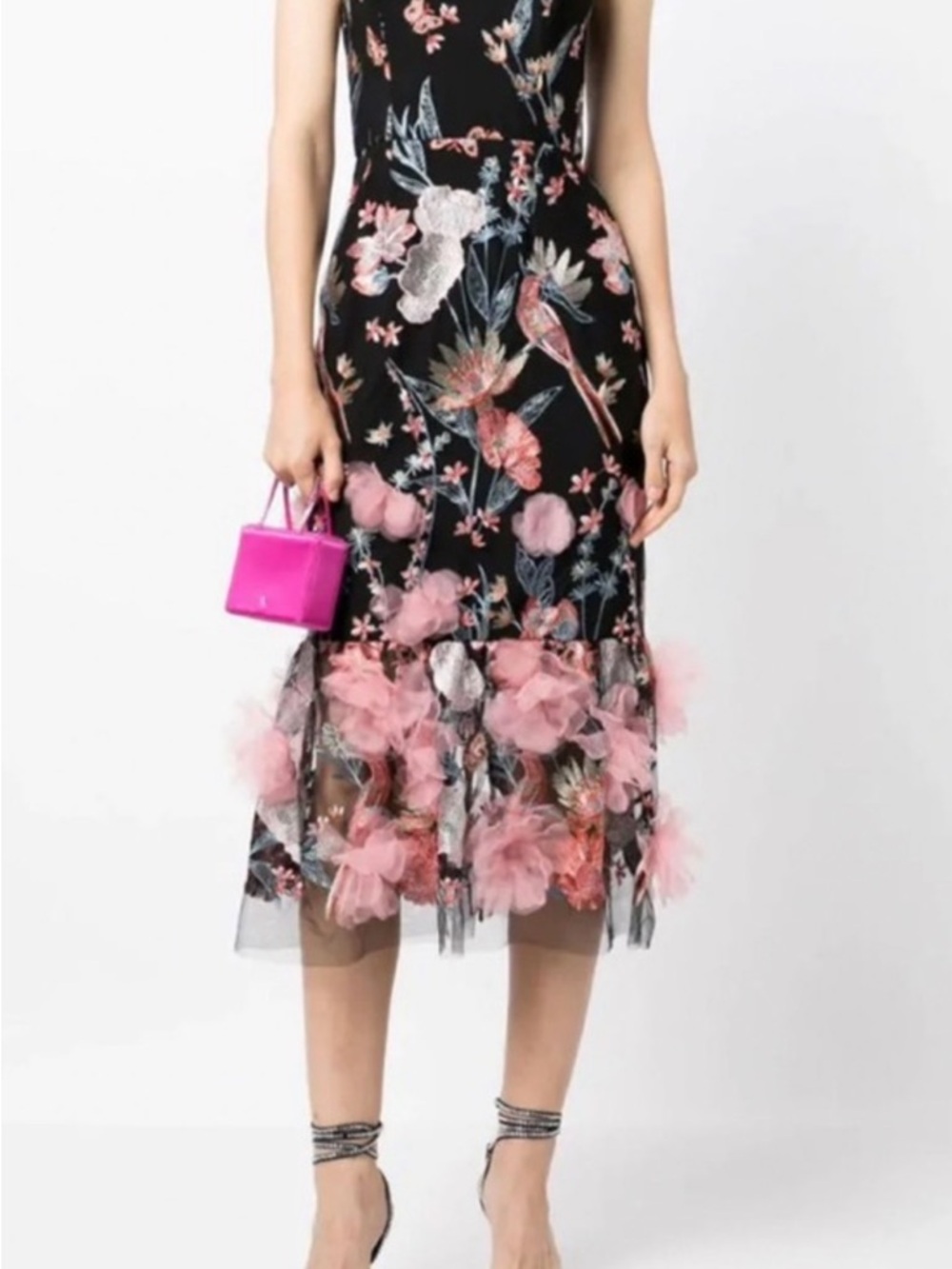 Marchesa Notte Black Floral Embroidered Midi Dress with Pink 3D Flowers - Picture 6 of 11